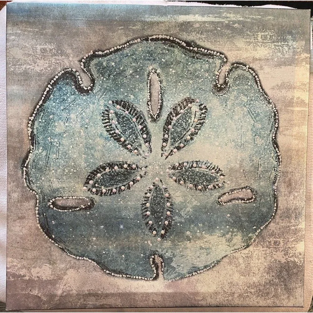 Sand Dollar Seashell Picture Set of 2 Metallic Navy Rhinestone 14 x 14 Wall Art